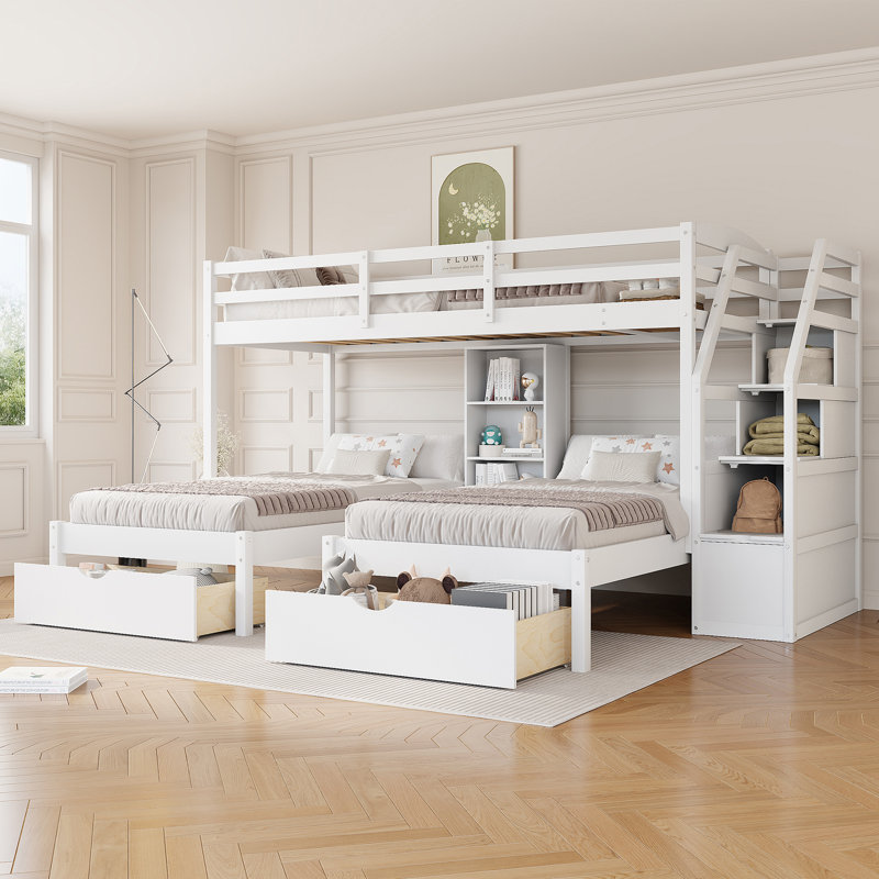 Triple lit superposé simple au-dessus de simple avec tiroirs, escalier de rangement et tablettes intégrées, bois de pin blanc