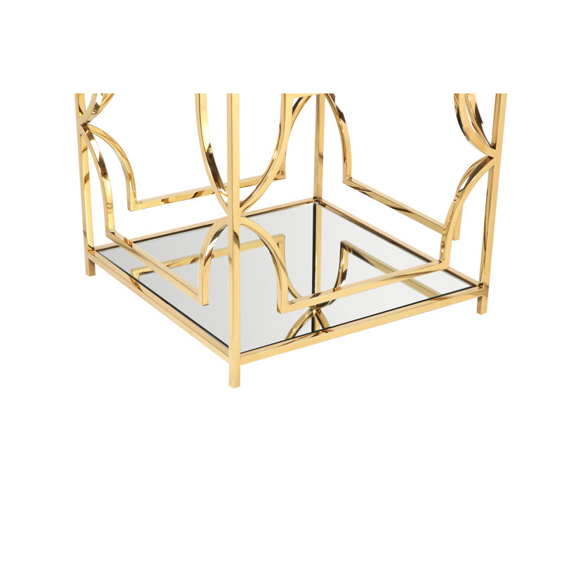 Pangea Home Benson Edward Glass End Table with Storage - Modern Glam Square Side Table – Tempered Glass Top with Gold Steel Frame for Living Room or Bedroom - Gold Square Side Table