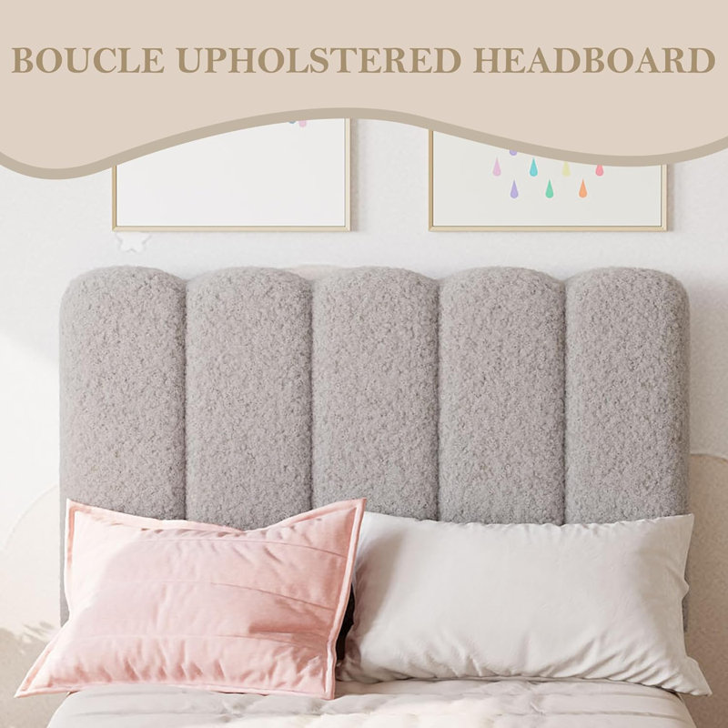 Structure de lit simple avec tête de lit, lit plateforme tapissier Boucle avec tête de lit Wave, lattes en bois, silencieux, aucun sommier requis, rose facile à assembler