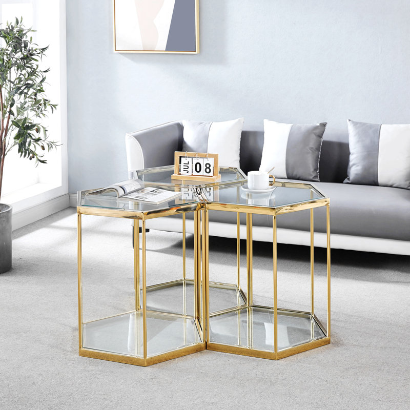 Table de bout en verre moderne avec structure en acier inoxydable à finition dorée
