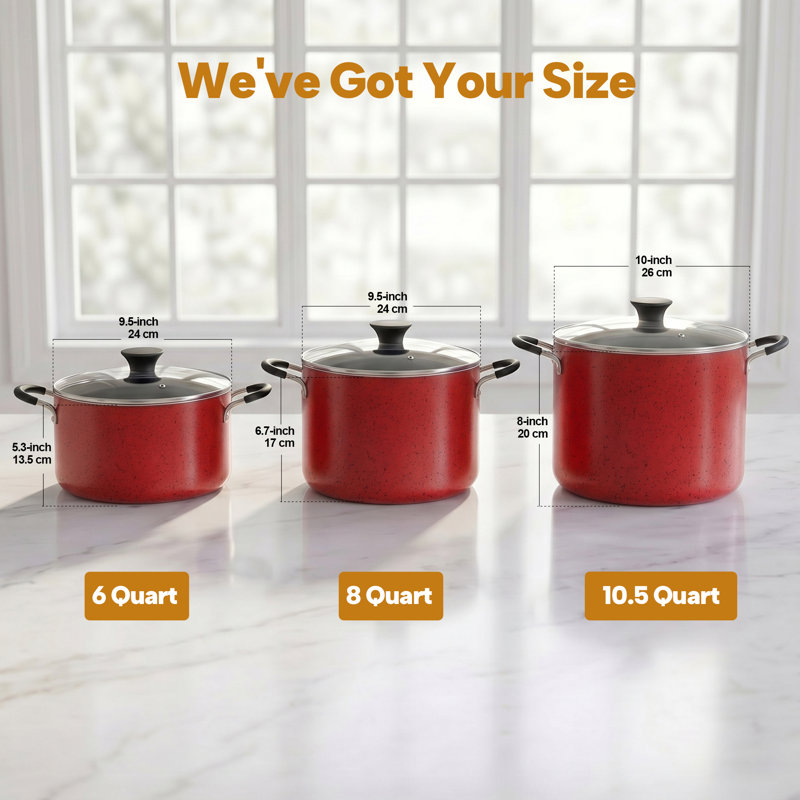 Marmite antiadhésive de 6 pintes avec couvercle Cook N Home Professional, poignées rivetées, marmite pour fêtes, marmite avec chauffage uniforme, batterie de cuisine à induction, va au four et au lave-vaisselle, rouge