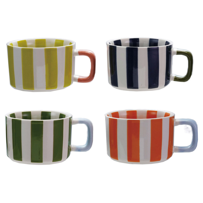 Ensemble de 4 tasses rayées en grès peintes à la main 4 pièces 4 pièces, multicolore