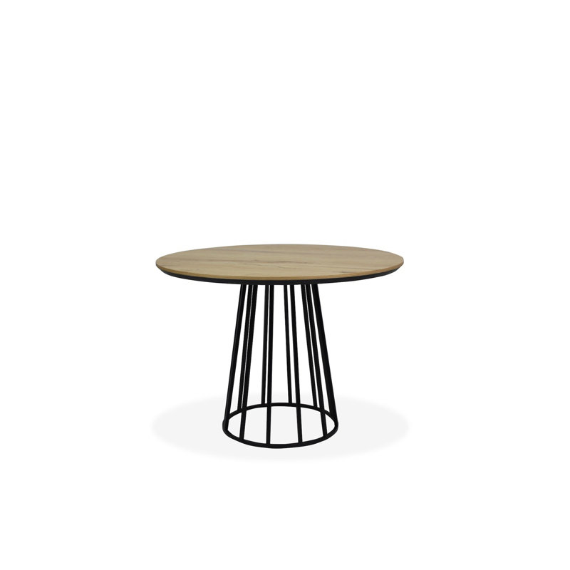Sharece Round Metal Base Dining Table, Solid Oak, Black Matt