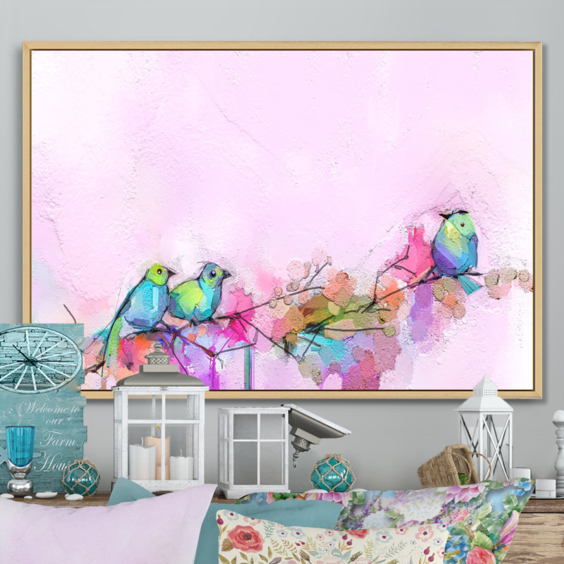 Pinceau rose et oiseaux mauves - reproduction sur toile avec cadre flottant, H 16 po x l 32 po x P 1 po, Cadre flottant brun