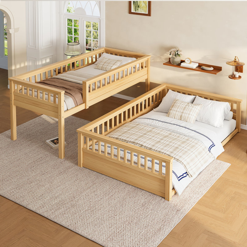 Twin XL over Queen Bunk Bed with Ladder & Safety Guardrails, Natural Wood Finish – Kids, Teens & Guest Bunk Bed, Natural