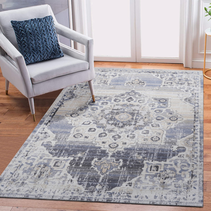 Collection Cream/Blue /Medallion Non-Shedding Living Room Bedroom Dining Home Office Stylish And Stain Resistant Area Rug