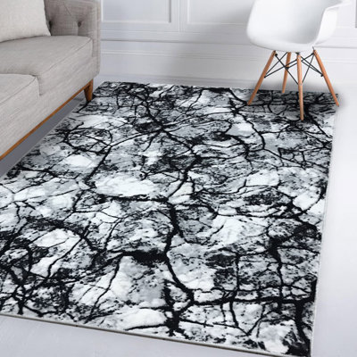 Tapis abstrait en jute tissé à la machine en noir / blanc
