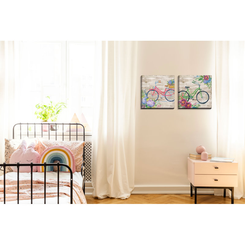 «Bicyle Décor Bike and Hydrangea Floral» par Paul Brent - ensemble de 2 impressions, H 12 po x l 12 po x P 0,75 po