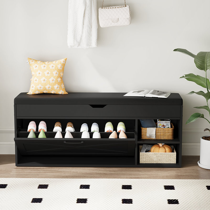 Banc de rangement pour chaussures 8 paires avec coussin en cuir, Noir, noir, noir, noir