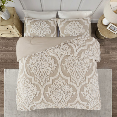 Full/queen Comforter Taupe 3 Piece Cotton Chenille Luxury In Decor