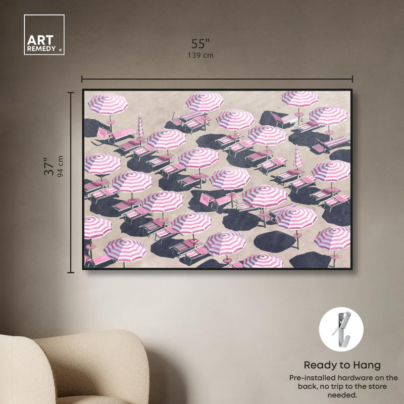 Toile rose parapluie rose, art mural Glam Beach par Art Remedy, Cadre noir, H 37 po x l 55 po