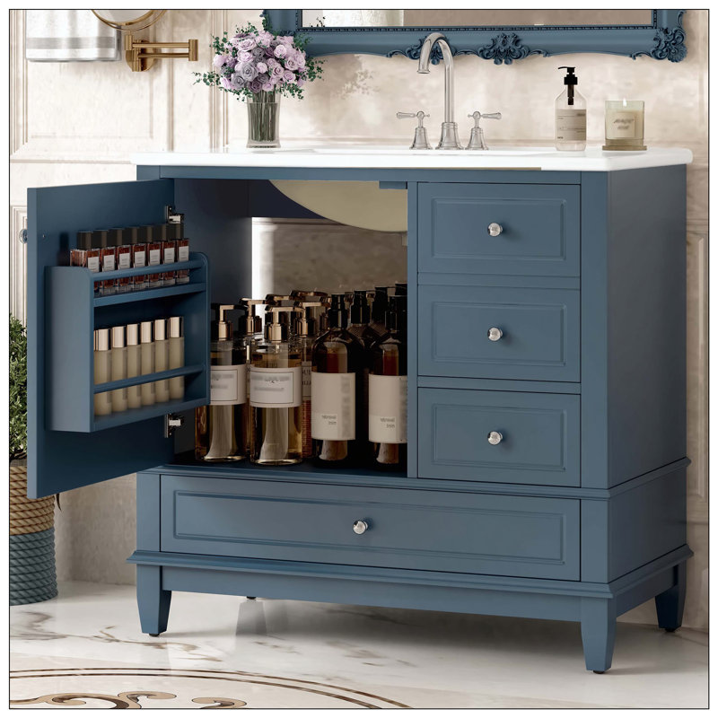 Lavabo de salle de bain autoportant en céramique avec 3 tiroirs et trous de robinet, Bleu