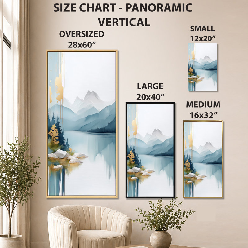 «Blue Gold Alpine Lake Ridge III - Blue Landscape», reproduction d'art sur toile encadrée, Toile tendue, H 32 po x l 24 po