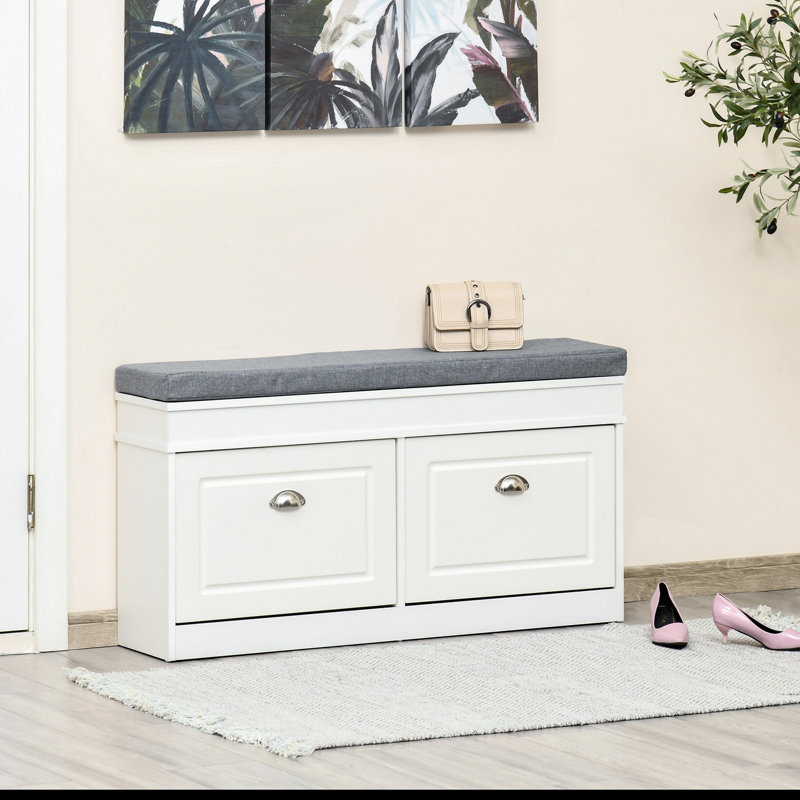 Banc de rangement pour chaussures moderne pour hall d'entrée, rangement avec coussin, 2 tiroirs, tablette réglable, peut contenir 8 paires, blanc