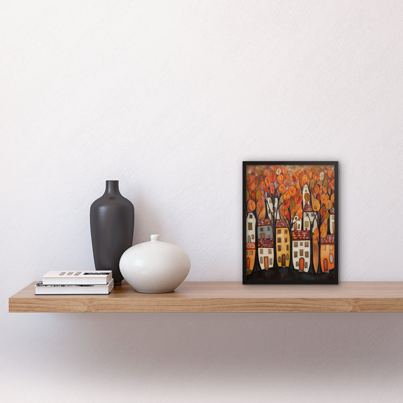 Cityscape With Trees In Autumn Contemporary Folk Art Painting Artwork Framed Wall Art Print 9X7 Inch