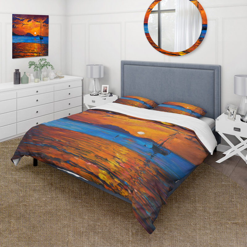 Bateau pendant la soirée lueur au lac - ensemble de housse de couette nautique et côtier - polyester en microfibre
