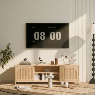 Meuble télé avec un plateau de table large, une tablette ouverte à 2 niveaux et des tablettes intérieures, pour le rangement de la salle de bain, des serviettes de bain, une serrure magnétique, un rangement facile et stable, 63 po de profondeur, 15,3 po de largeur, 19 po de hauteur,