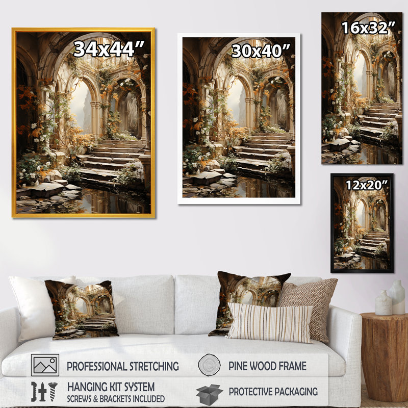 Ruines anciennes Blooms III - Art mural fantastique, Cadre simple noir, H 20 po x l 12 po x P 1 po