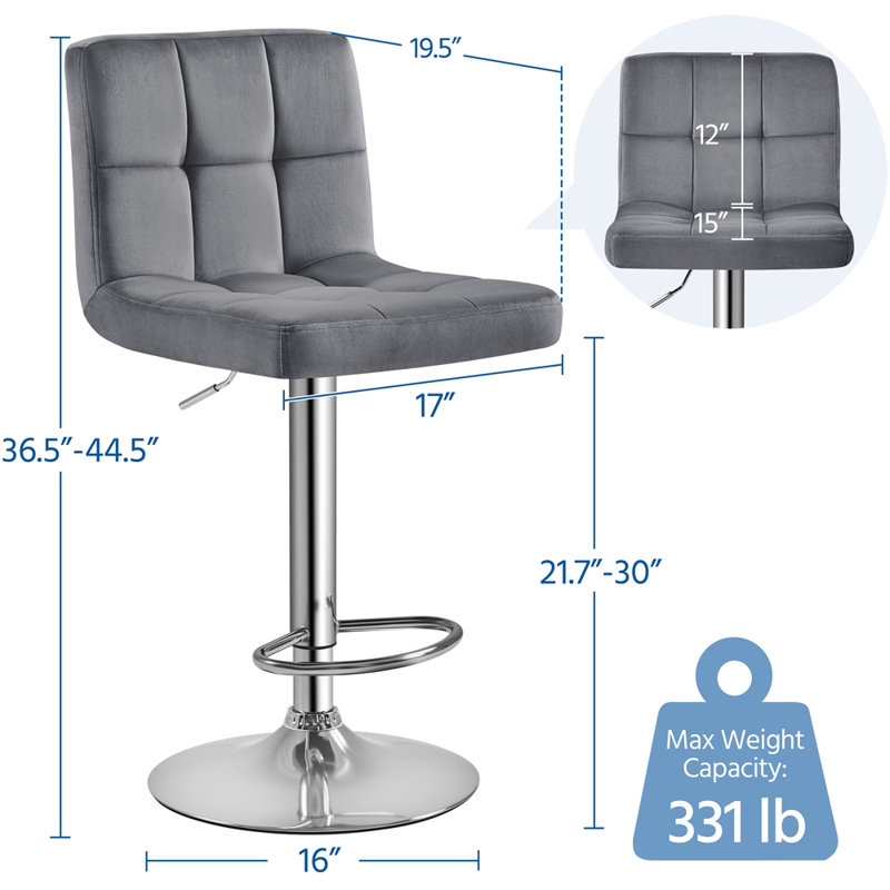 Swivel Upholstered Adjustable Bar Stool with Large Pedestal Base, Dark Gray