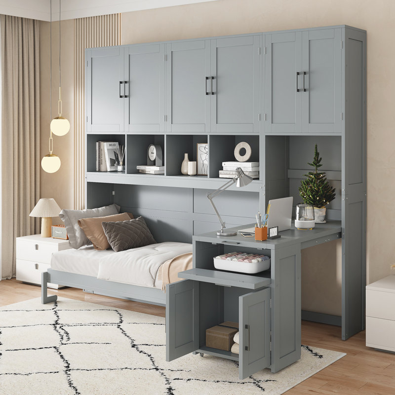 Murphy Bed With Desk, Cabinet And Bookcase, Gray