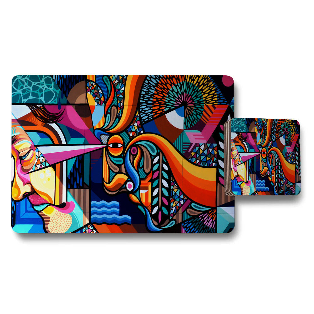 Colorful Abstract Art Placemat and Coaster Set With Geometric Design