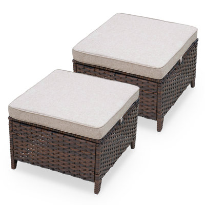 2PCS Patio Ottomans with Cushions, Handwoven Rattan Footrest Set, Powder Coated Steel Frame Outdoor Foot Stool for Deck Balcony Porch Backyard Poolside, Brown Wicker and Beige Cushion