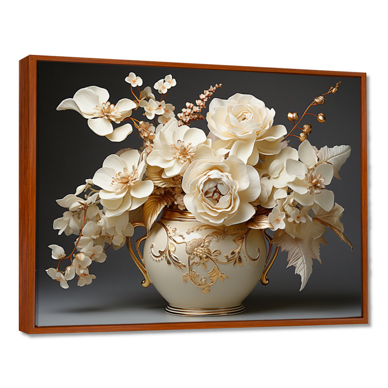 Baroque Hydrangea White And Gold VII On Canvas Print, 34" H x 44" W x 1.5" D, Brown Floater Framed