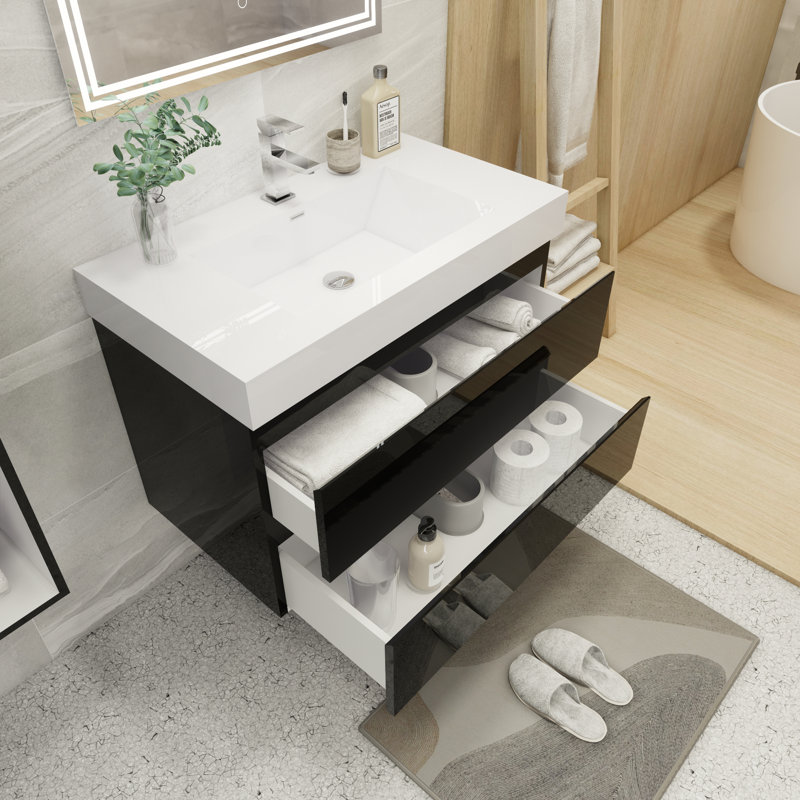 Ensemble de meuble-lavabo mural simple 35 po Carneshia, Noir très lustré
