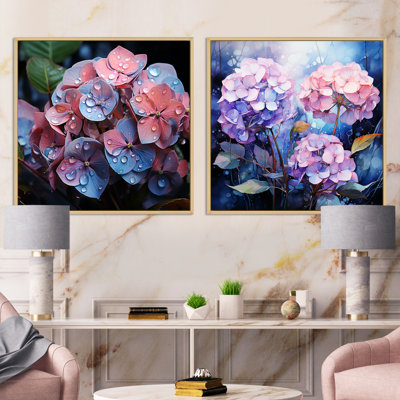 Hortensia rose et bleu, floraison symphonique - ensemble de 2 collages floraux carrés