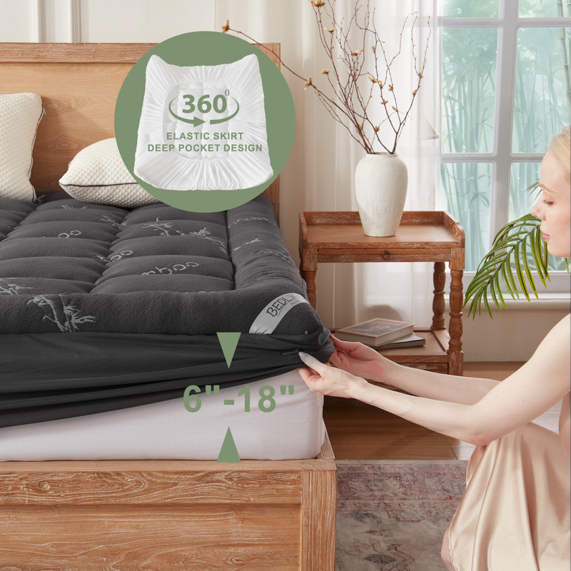 Surmatelas en rayonne de bambou BEDLORE®, surmatelas avec poche profonde de 6 à 18 po, surmatelas moelleux pour soulager les maux de dos
