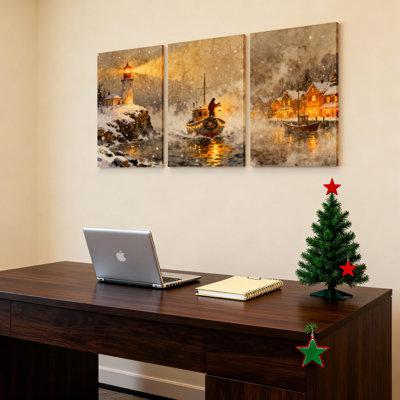 Winter Lighthouse and Snowy Harbour Scene Canvas Wrapped Wall Art, Oil Painting Print (Set of 3)