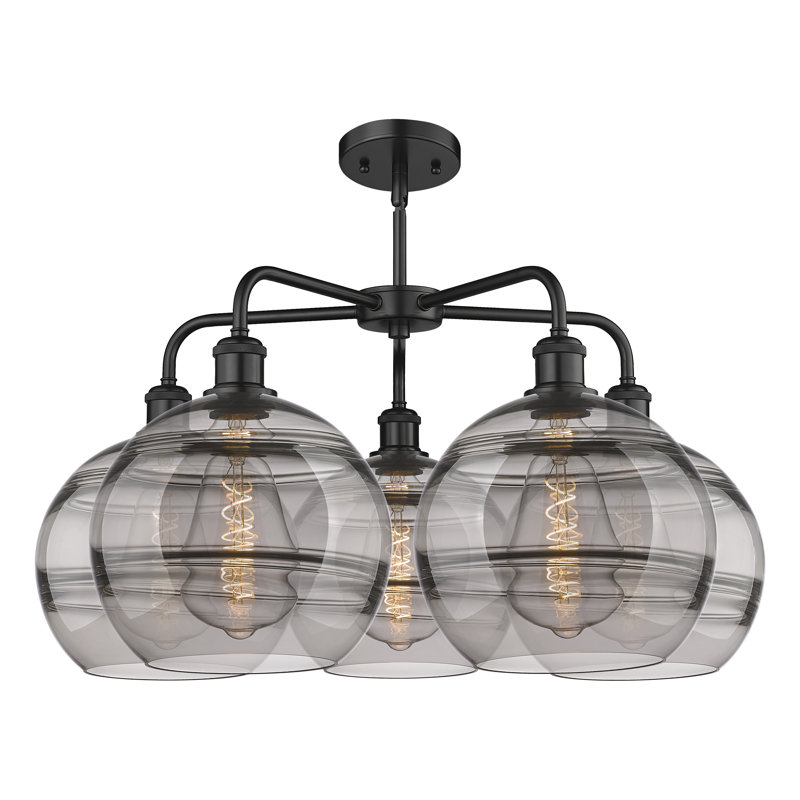 Lustre rond / ovale à abat-jour 5 lumières, Gris fumée clair, H 17,13 po x l 28 po x P 28 po, Noir mat