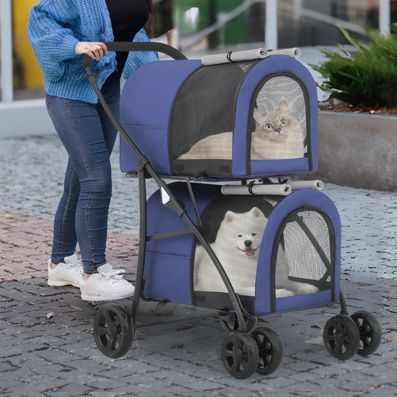 Navy Blue Double Pet Stroller with Detachable Carriers