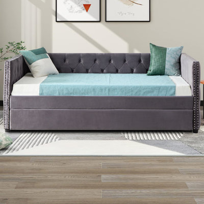 Vilonia Modern Stylish Twin Size Velvet Upholstered Platform Bed with a Twin Size Trundle Bed -  Rosdorf Park, 62B3479CA92541B08C6D691E153EA8C9