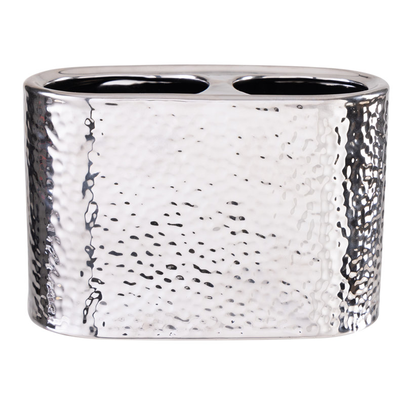Silver Hammered Ceramic Toothbrush Holder with Dual Compartments