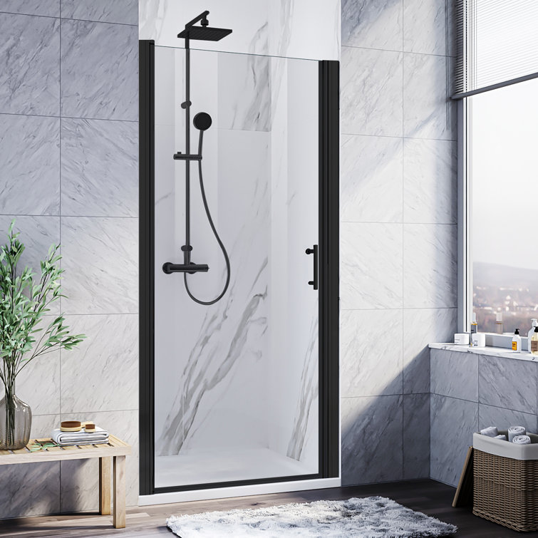 28 in. x 72 in. Pivot Shower Door with Frameless Hinged Frame, Matte Black