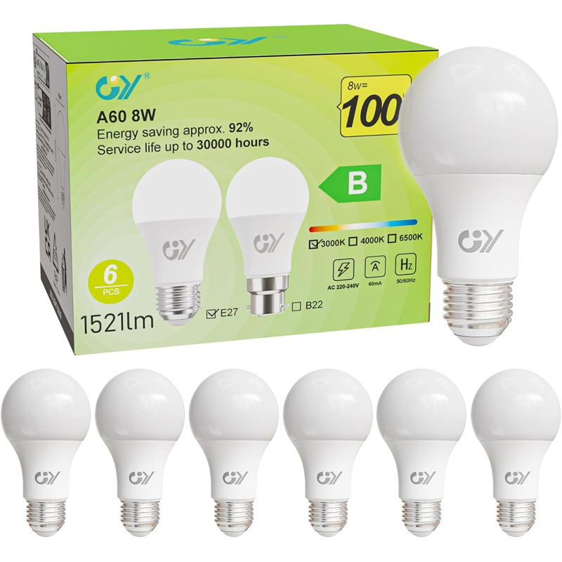 GY E27 Screw LED Bulb Warm White 3000K,A60 8W 1521LM Edison Screw ES Energy Efficiency Bulb, Replaces 100W, Non-dimmable, 6 PCS