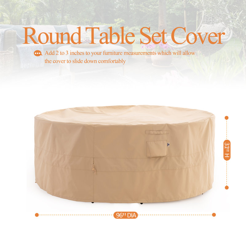 Premium Waterproof Outdoor Patio Round Table Cover: Latest Rip-Stop Fabric, 3-Year Warranty, Beige, 31" H x 96" W x 96" D
