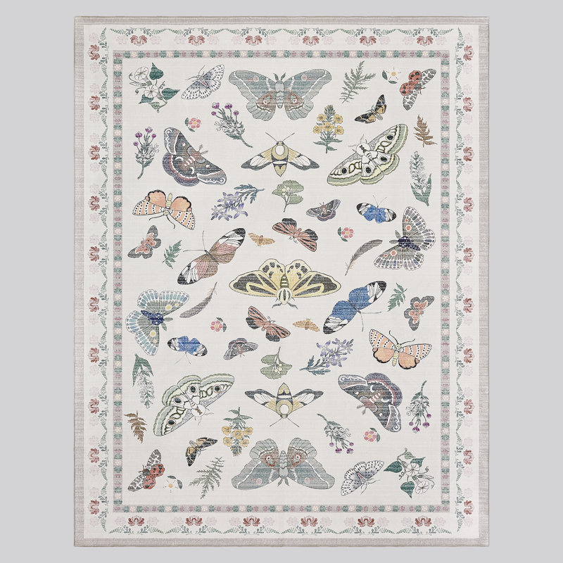 White Butterfly Washable Rug Indoor Carpet, Rectangle 8' x 10', White