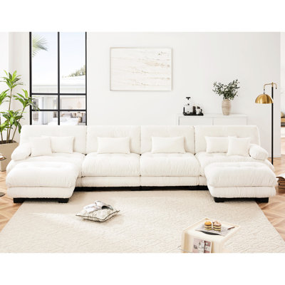 Canapé en U personnalisable - 4 places en chenille blanche avec 2 repose-pieds élégants et 4 espaces polyvalents relaxants