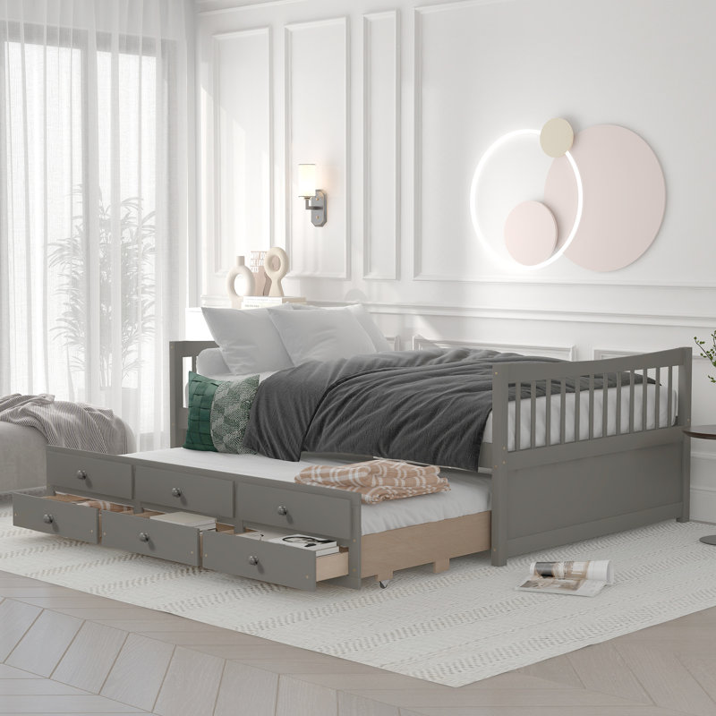 Lit de jour avec couchette et tiroirs, Gris, Lit double