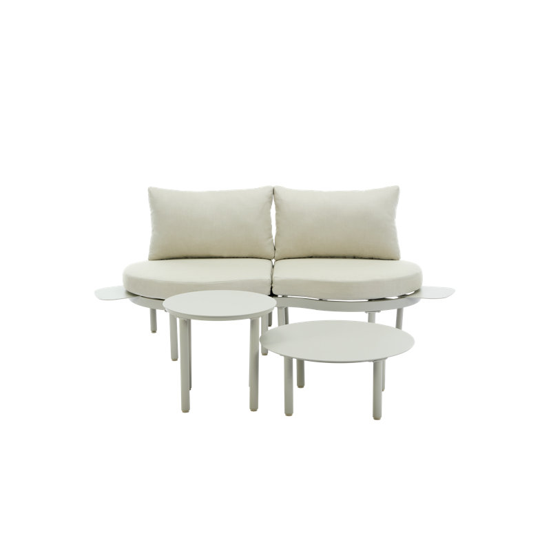 Patio Curved Sofa with Coffee Table, Beige Cushion/Light Gray Frame