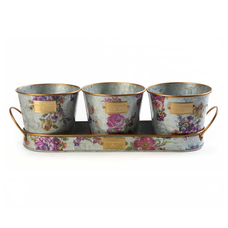 Classic Round Galvanized Herb Pots with Tray Set of 3