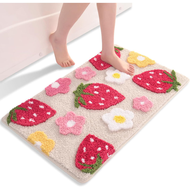 Beige Strawberry Bath Mat: 50x80cm, Non-Slip Washable Microfibre
