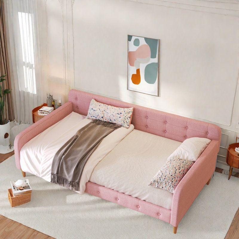 Modern Upholstered Daybed With 4 Support Legs And Button Tufted Design, Twin, Beige
