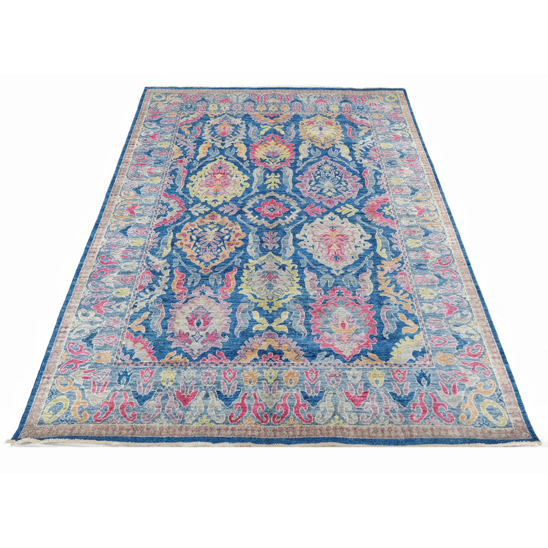 Hand Knotted Wool Area Rug in Blue