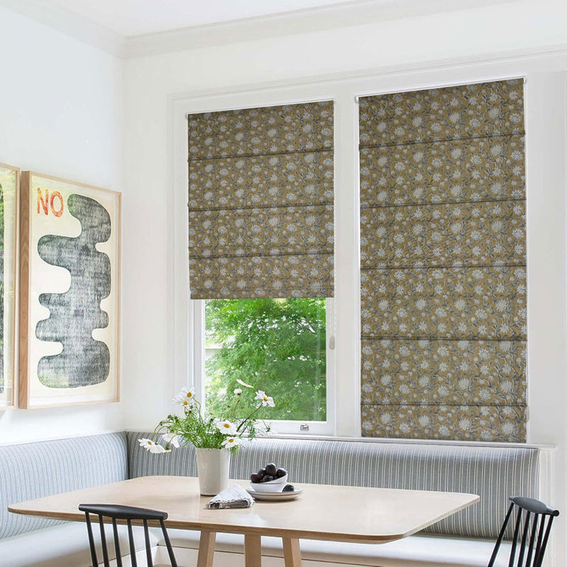 Fabdivine Floral Hand Block Print Thick Linen Roman Shade for Windows, French Doors, Green or Gray 100% Blackout Room Darkening Soft Cozy Fabric, Roll Up Blinds for Door, Aradhana