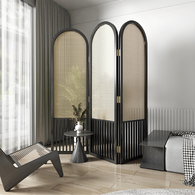 Paravent en bois rotin, H 74,8 po x l 59,06 po x P 1,57 po, Noir, noir, noir, noir, 3