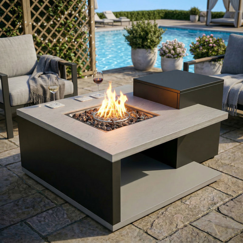 Table de foyer d'extérieur au propane de 40 pouces 50 000 BTU avec réservoir caché, finition en faux bois, arrêt automatique