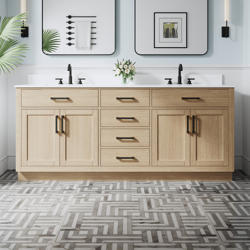 80" W x 35" H Freestanding Bathroom Solid Wood Vanity With White Cultured Marble Countertop And Ceramic Double Sink,Oak, Oak